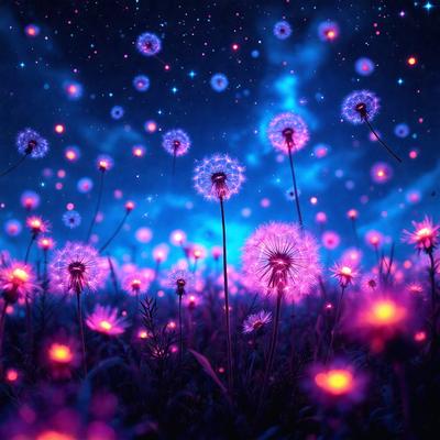 The primary subject of the image is a field of purple flowers, which are the main objects in the scene. The setting is a night sky, creating a serene and magical atmosphere. The visual style is a combination of a photo and digital art, as the flowers are depicted in a vibrant and artistic manner. The colors and mood of the image are predominantly purple, which adds to the overall beauty and tranquility of the scene.